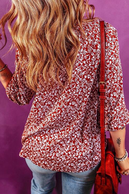 Printed Tie Neck Ballon Sleeve Blouse - Ladyez
