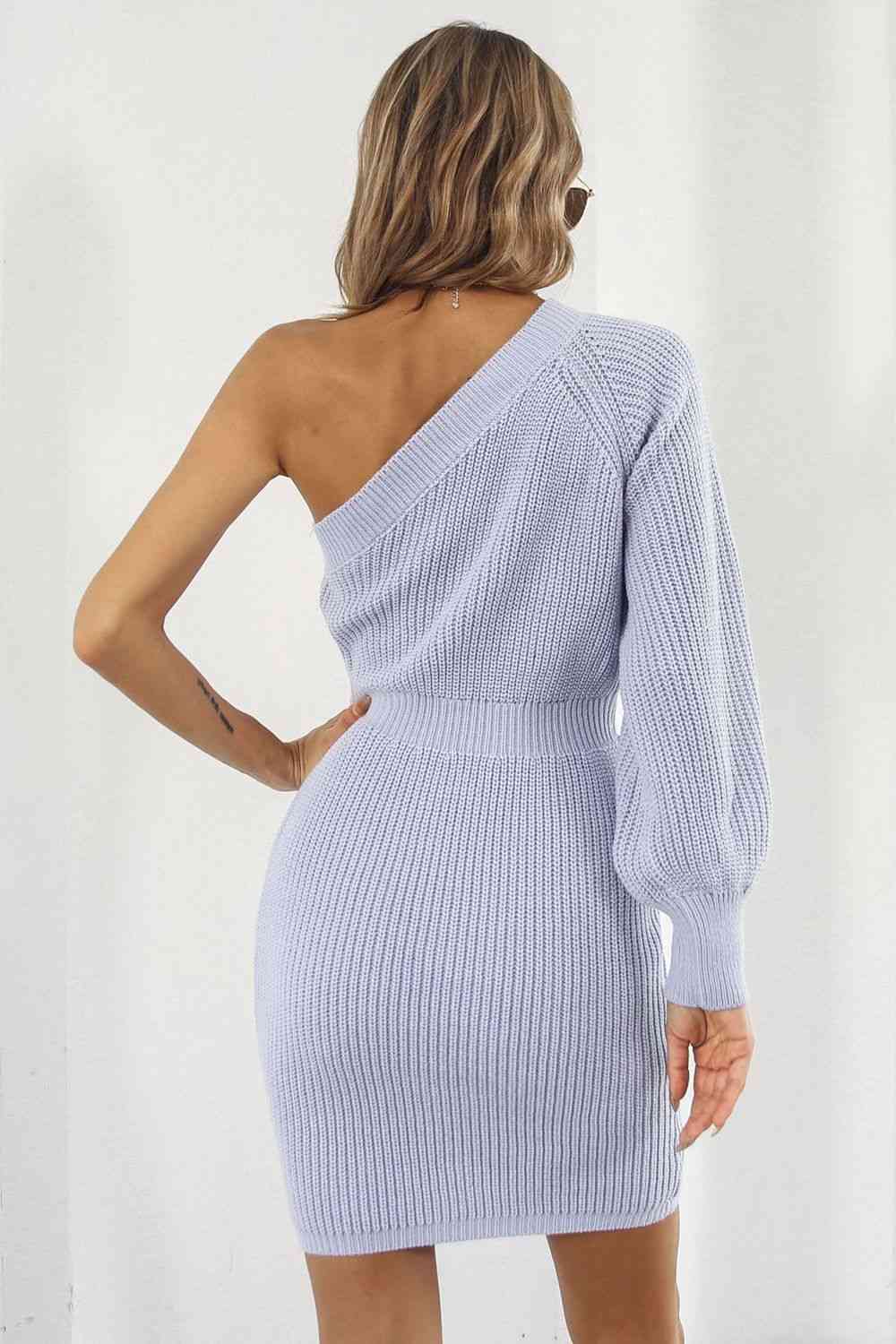 One Shoulder Raglan Sleeve Pencil Sweater Dress - Ladyez