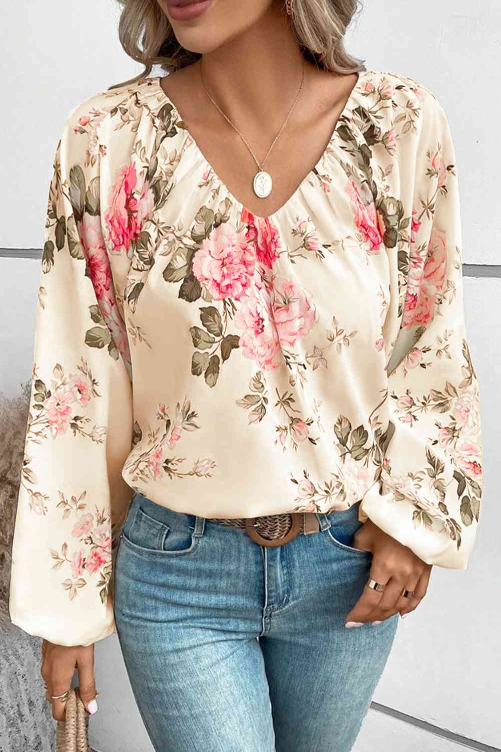 Floral V-Neck Balloon Sleeve Blouse - Ladyez