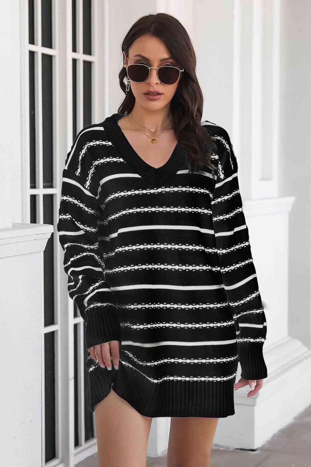 Striped V-Neck Sweater Dress - Ladyez