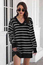 Striped V-Neck Sweater Dress - Ladyez