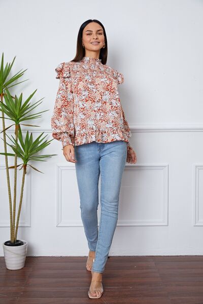 Floral Smocked Lantern Sleeve Ruffled Blouse - Ladyez