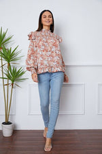 Floral Smocked Lantern Sleeve Ruffled Blouse - Ladyez