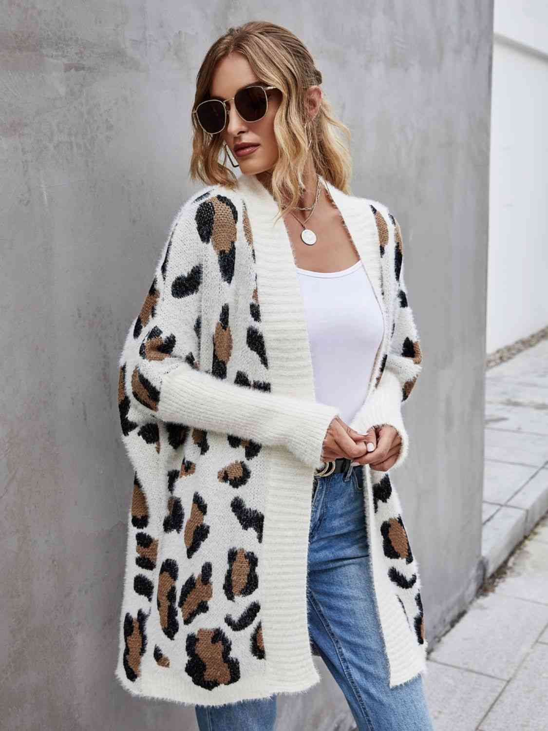 Leopard Pattern Fuzzy Cardigan - Ladyez