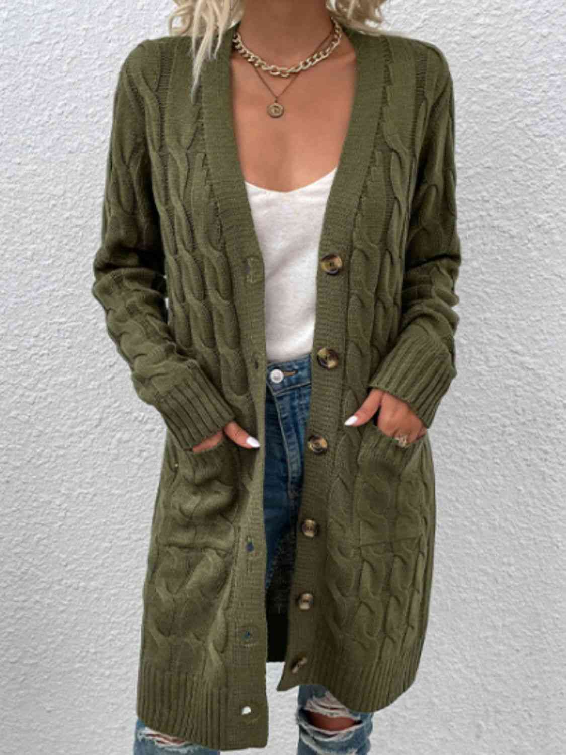 Cable-Knit Button Down Cardigan with Pockets - Ladyez