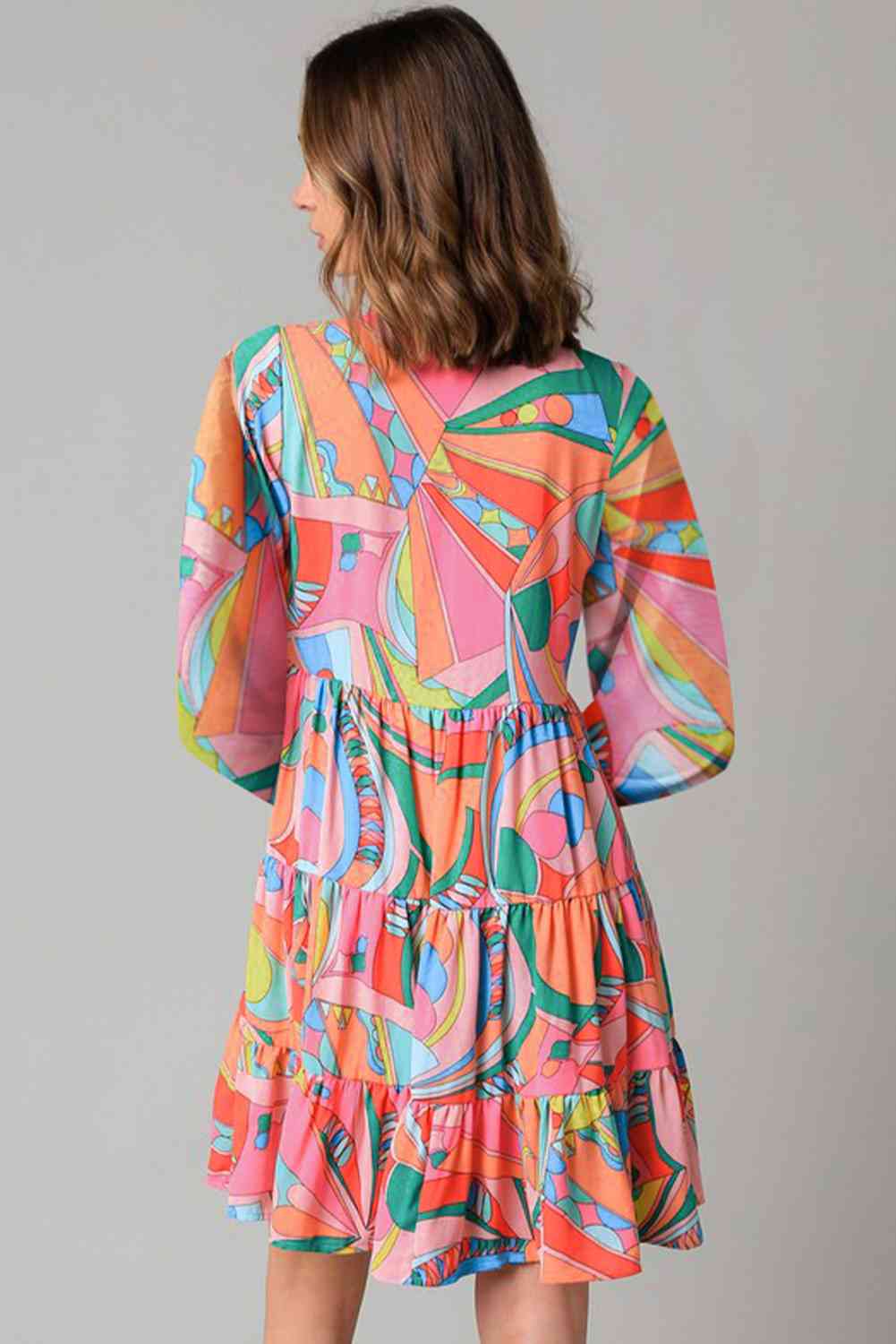 Printed Long Sleeve Tie Neck Mini Dress - Ladyez