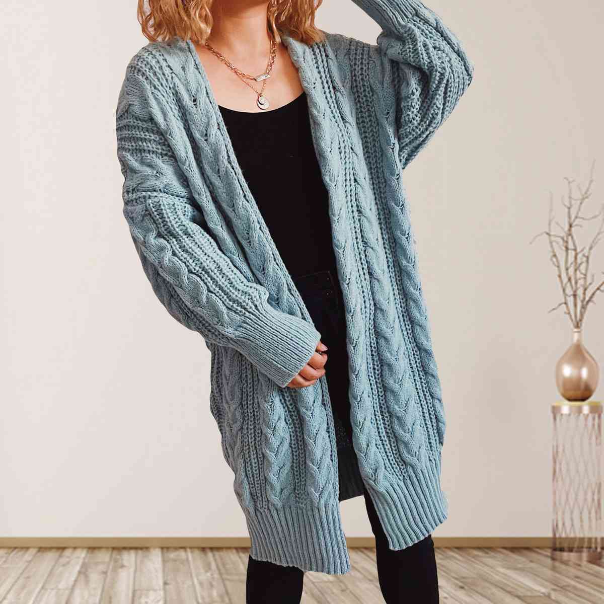 Cable-Knit Open Front Dropped Shoulder Cardigan - Ladyez