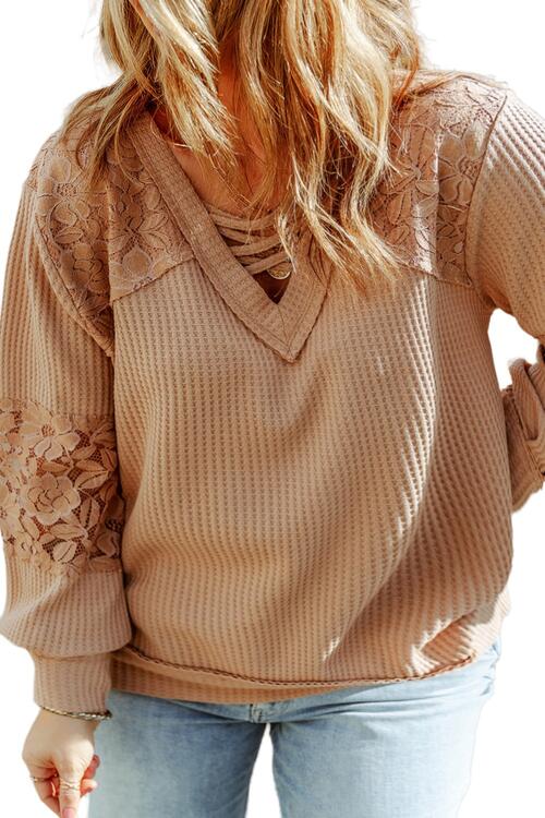 Plus Size Waffle -Knit V-Neck Long Sleeve Blouse - Ladyez