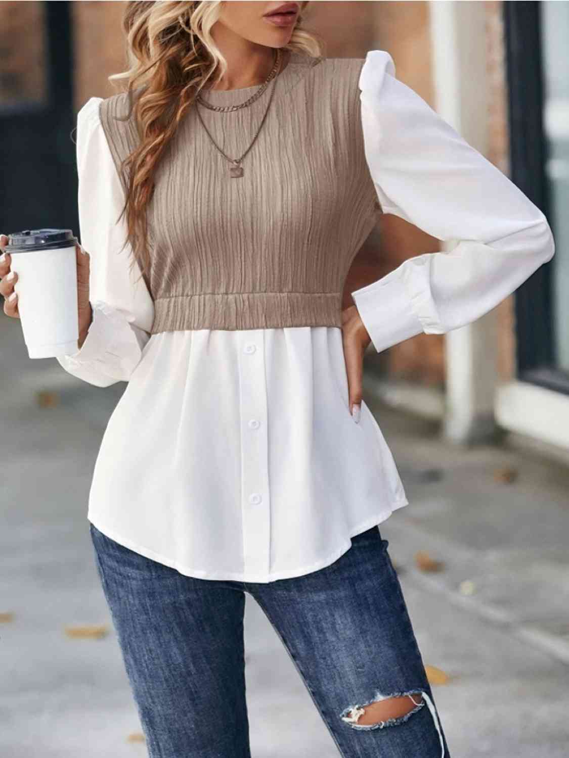 Contrast Round Neck Puff Sleeve Blouse - Ladyez