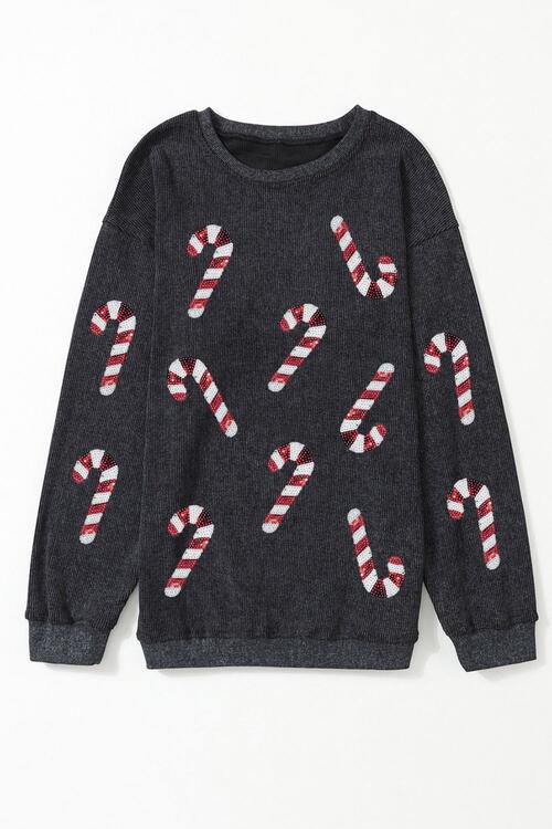 Sequin Candy Cane Round Neck Sweatshirt - Ladyez