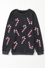 Sequin Candy Cane Round Neck Sweatshirt - Ladyez