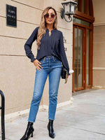 Pleated Notched Neck Flounce Sleeve Blouse - Ladyez