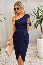 Ruched One-Shoulder Tulip Hem Dress - Ladyez
