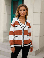 Color Block V-Neck Long Sleeve Cardigan - Ladyez