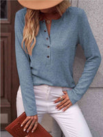 Round Neck Buttoned Long Sleeve T-Shirt - Ladyez