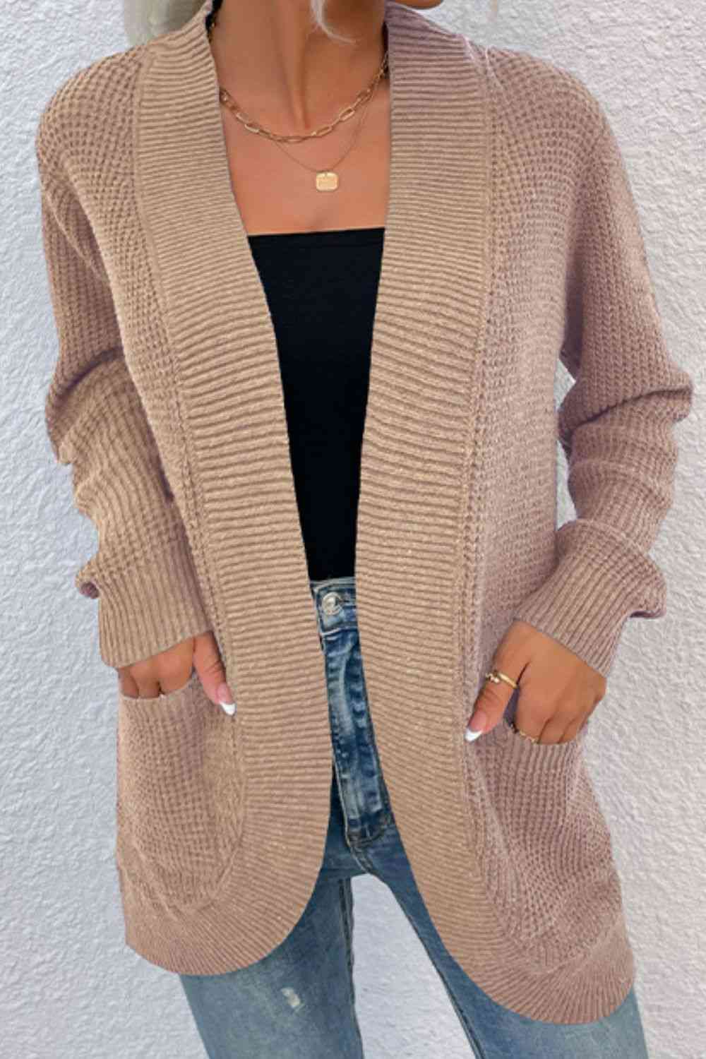 Open Front Rib-Knit Cardigan with Pockets - Ladyez