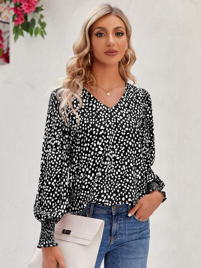 Printed V-Neck Lantern Sleeve Blouse - Ladyez