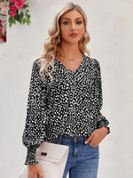 Printed V-Neck Lantern Sleeve Blouse - Ladyez