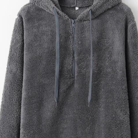 Quarter-Zip Drawstring Teddy Hoodie - Ladyez