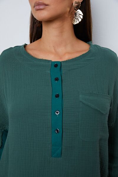 Half Button Up Round Neck Blouse - Ladyez