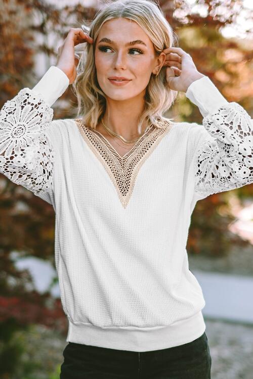 V-Neck Crochet Long Sleeve Blouse - Ladyez
