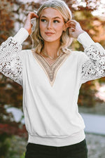V-Neck Crochet Long Sleeve Blouse - Ladyez