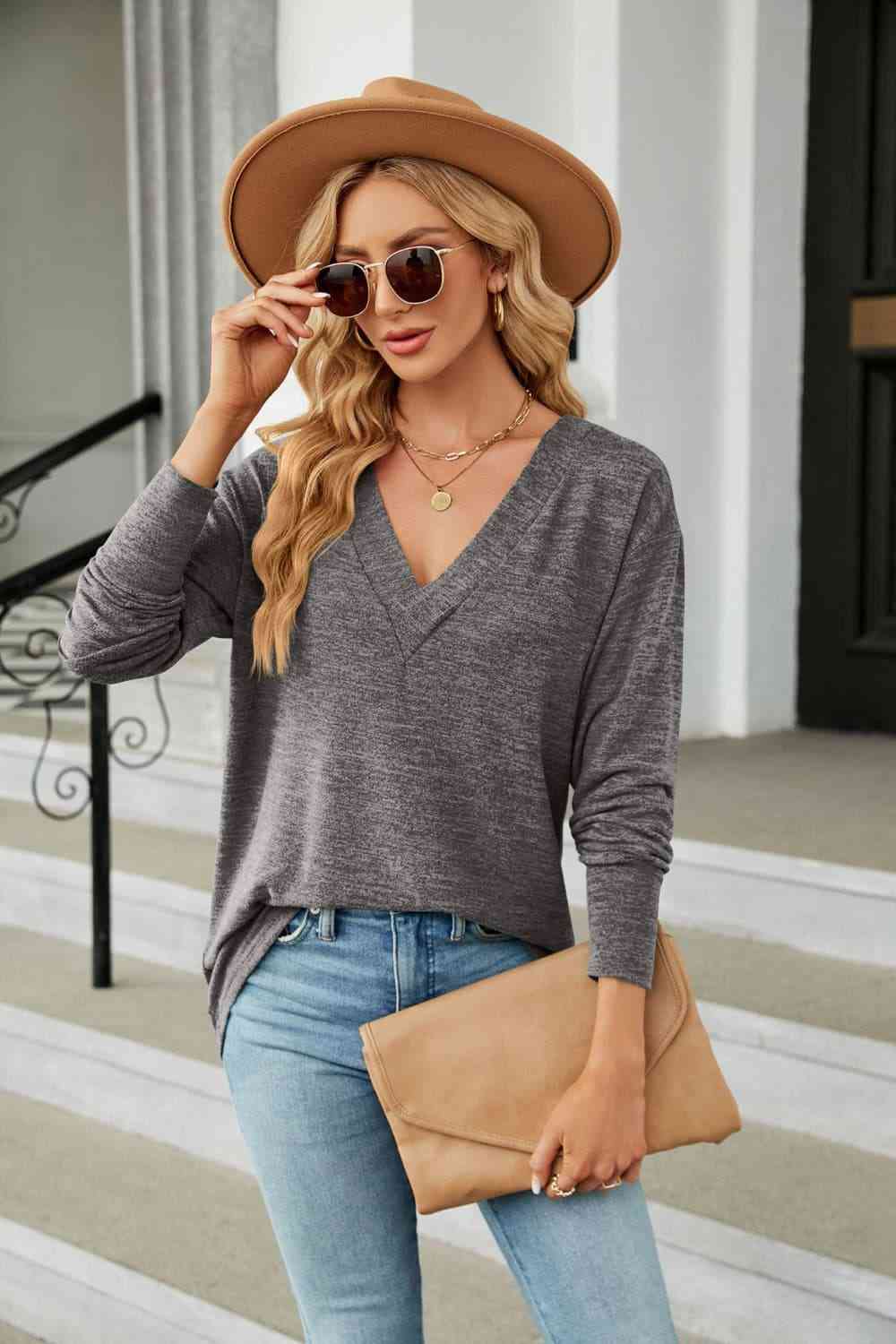 V-Neck Long Sleeve T-Shirt - Ladyez