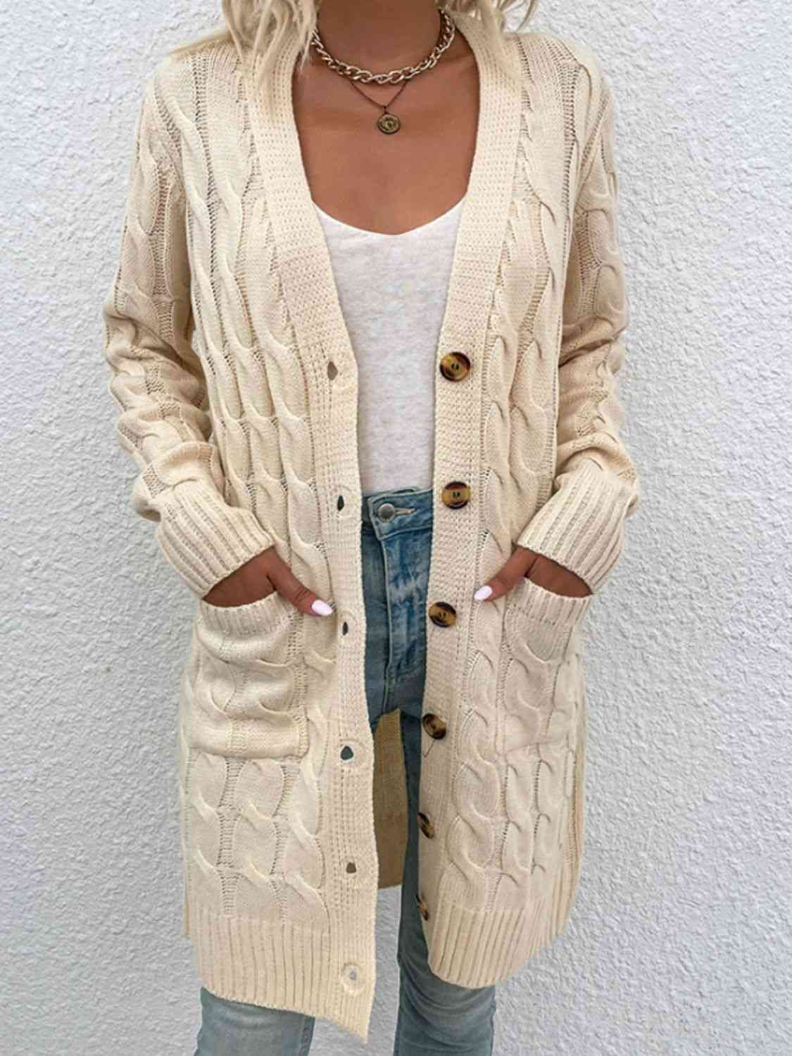 Cable-Knit Button Down Cardigan with Pockets - Ladyez