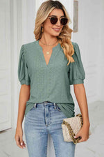 Eyelet Short Puff Sleeve Notched Neck Top - Ladyez