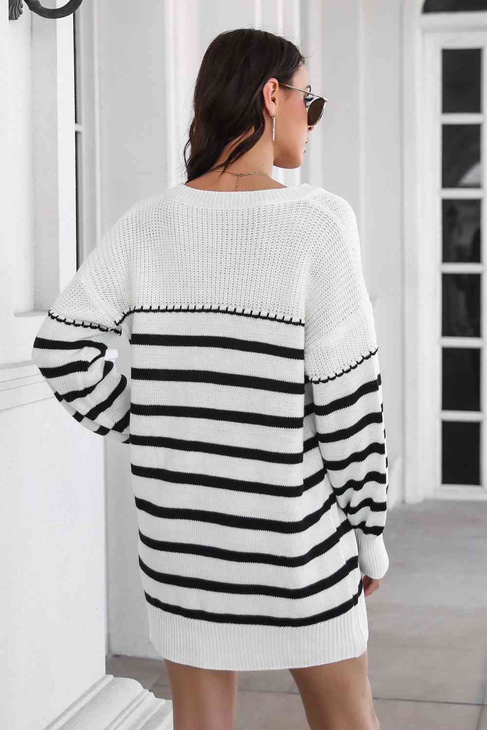 Striped V-Neck Drop Shulder Sweater Dress - Ladyez