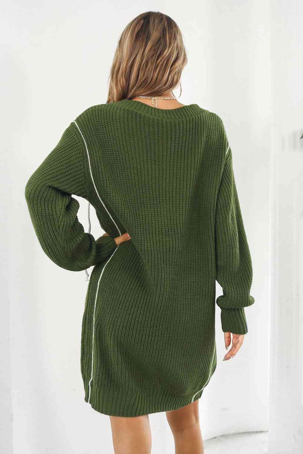 Contrast V-Neck Sweater Dress - Ladyez