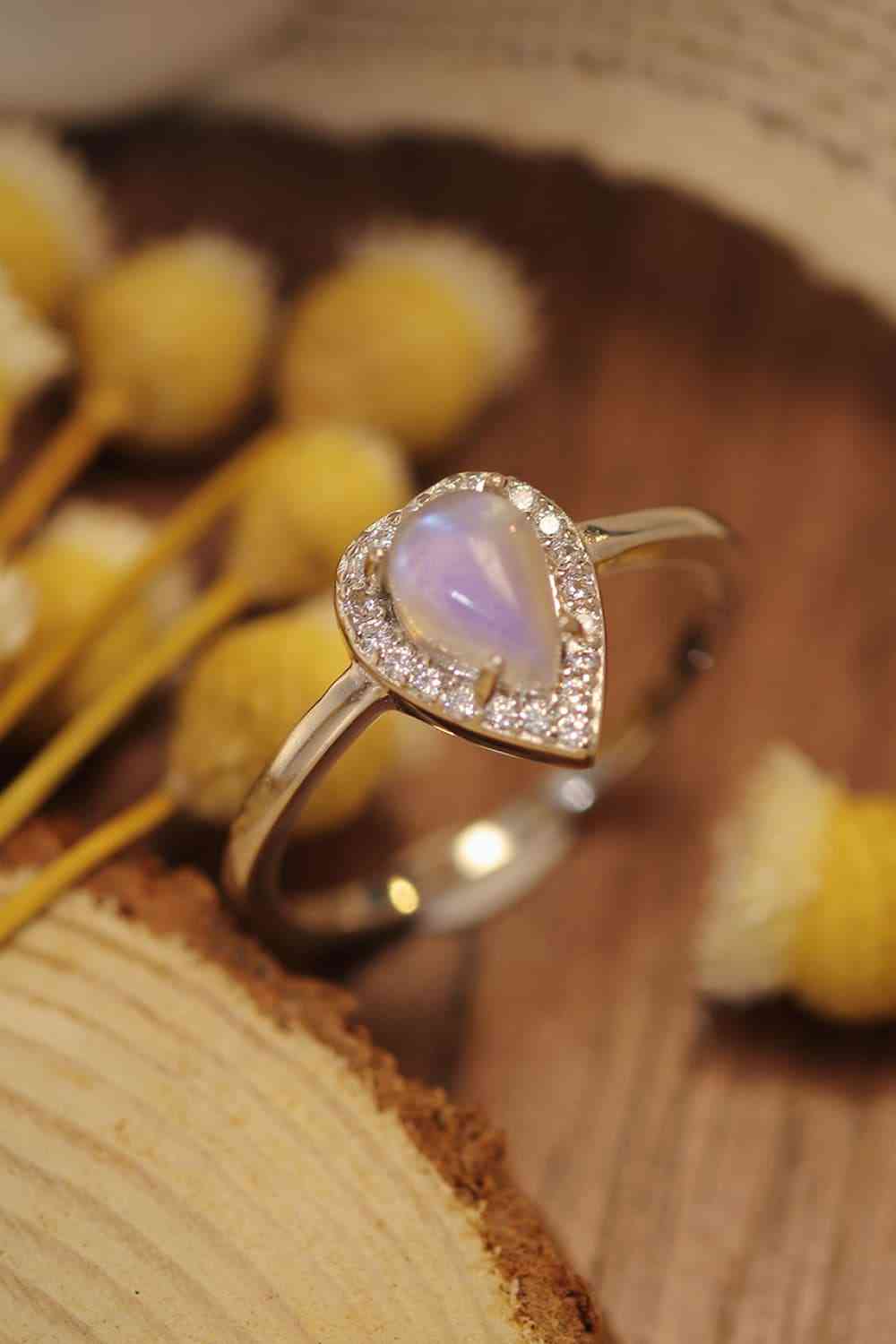 Moonstone Teardrop 925 Sterling Silver Halo Ring - Ladyez