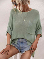 Boat Neck Cuffed Sleeve Slit Tunic Knit Top - Ladyez