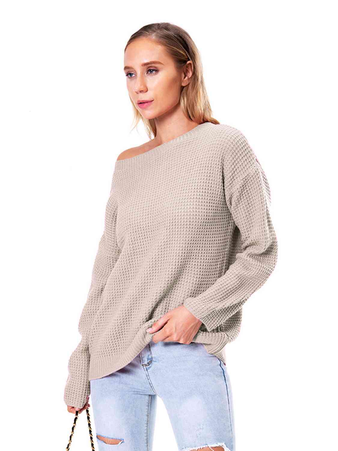 Boat Neck Drop Shoulder Long Sleeve Sweater - Ladyez