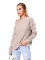 Boat Neck Drop Shoulder Long Sleeve Sweater - Ladyez