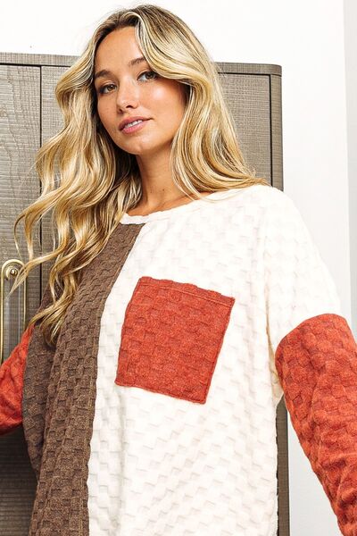 BiBi Color Block Brushed Checker Top - Ladyez