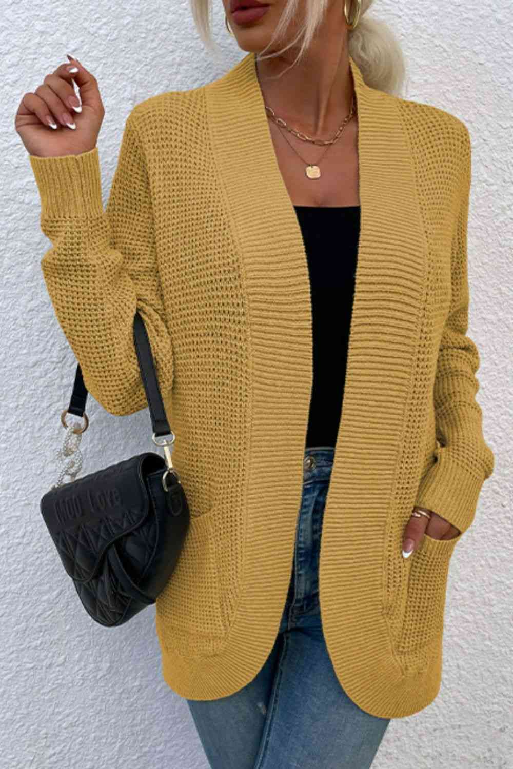 Open Front Rib-Knit Cardigan with Pockets - Ladyez
