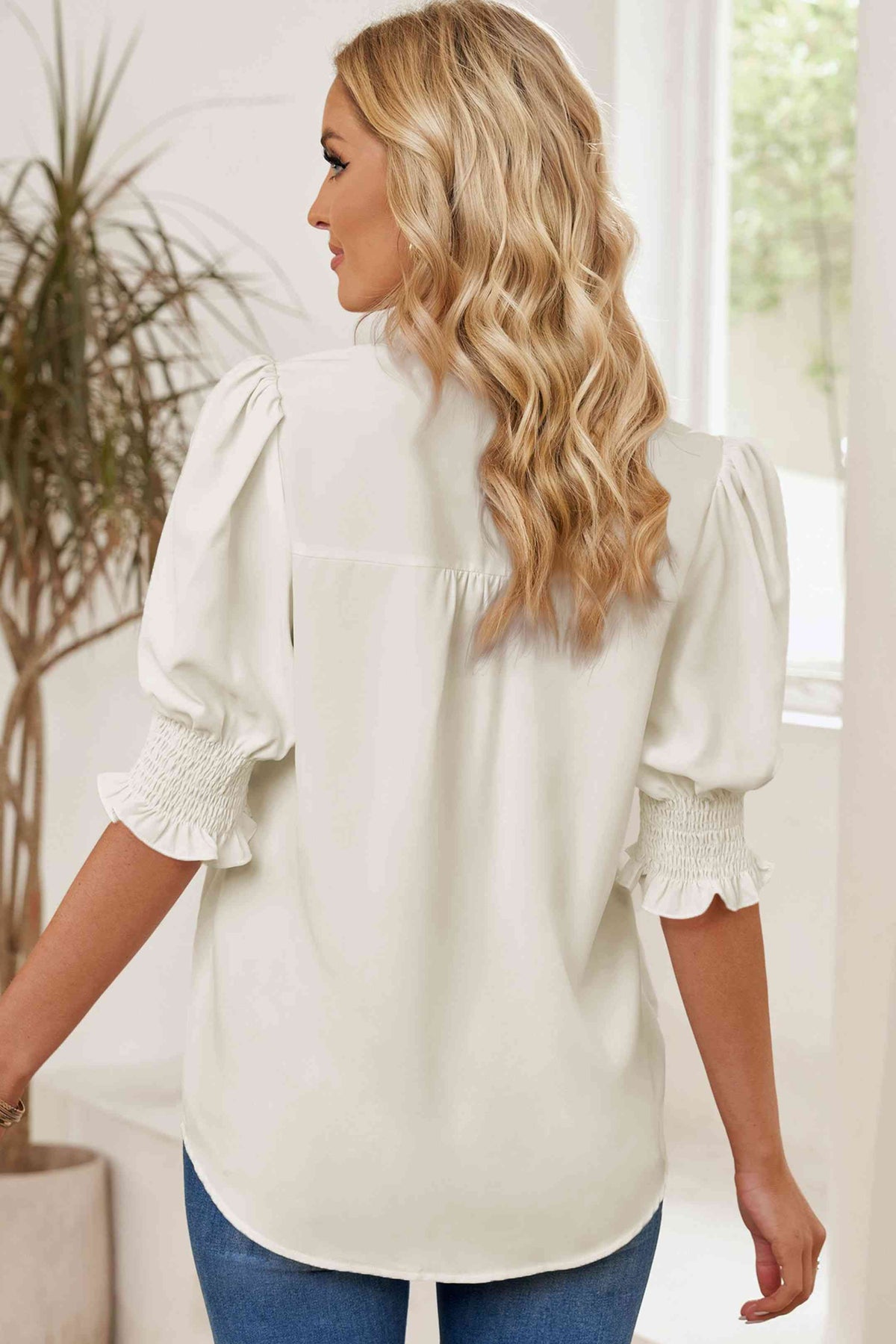 Smocked Flounce Sleeve Notched Neck Blouse - Ladyez