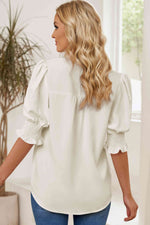 Smocked Flounce Sleeve Notched Neck Blouse - Ladyez