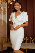 Beaded Dolman Sleeve Surplice Bodycon Dress - Ladyez