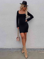 Tie Back Square Neck Long Sleeve Sweater Dress - Ladyez