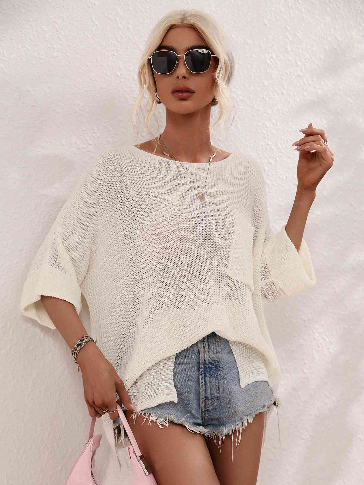 Boat Neck Cuffed Sleeve Slit Tunic Knit Top - Ladyez