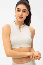 Full Size Cropped Cutout Back Zipper Front Active Tank Top - Ladyez