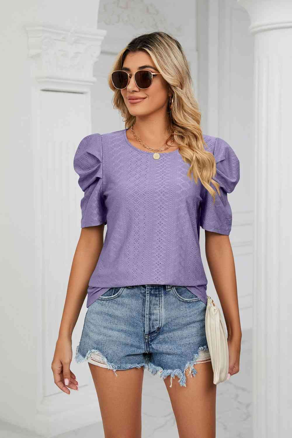 Eyelet Puff Sleeve Round Neck Blouse - Ladyez