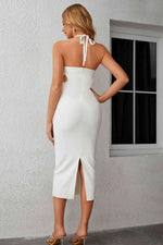 Rhinestone Cutout Halter Neck Slit Dress - Ladyez
