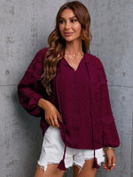 Crochet Tassel Tie Neck Long Sleeve Blouse - Ladyez