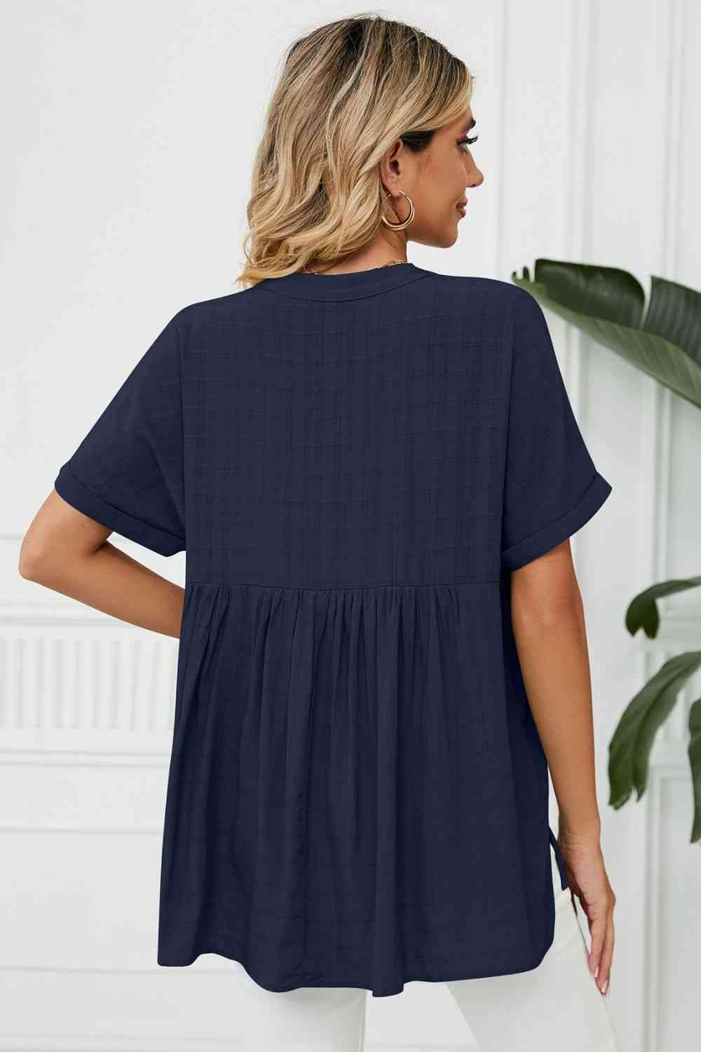Side Slit Notched Neck Cuffed Short Sleeve Blouse - Ladyez