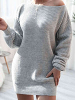 Rib-Knit Balloon Sleeve Boat Neck Sweater Dress - Ladyez