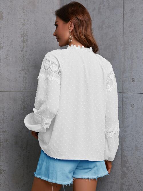 Crochet Tassel Tie Neck Long Sleeve Blouse - Ladyez