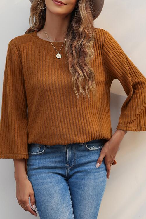 Ribbed Round Neck Slit Top - Ladyez